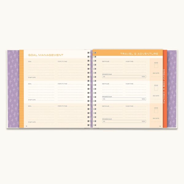 open to display a goal management page and a travel and adventure page